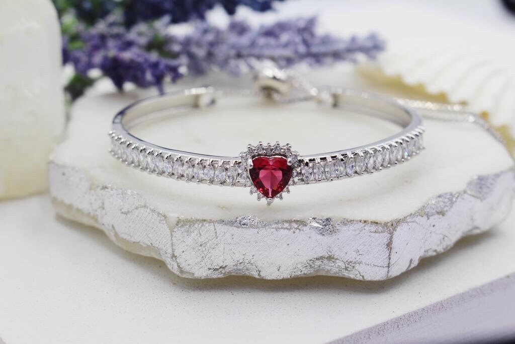 Cubic Zirconia Heart Adjustable Bangle Bracelet