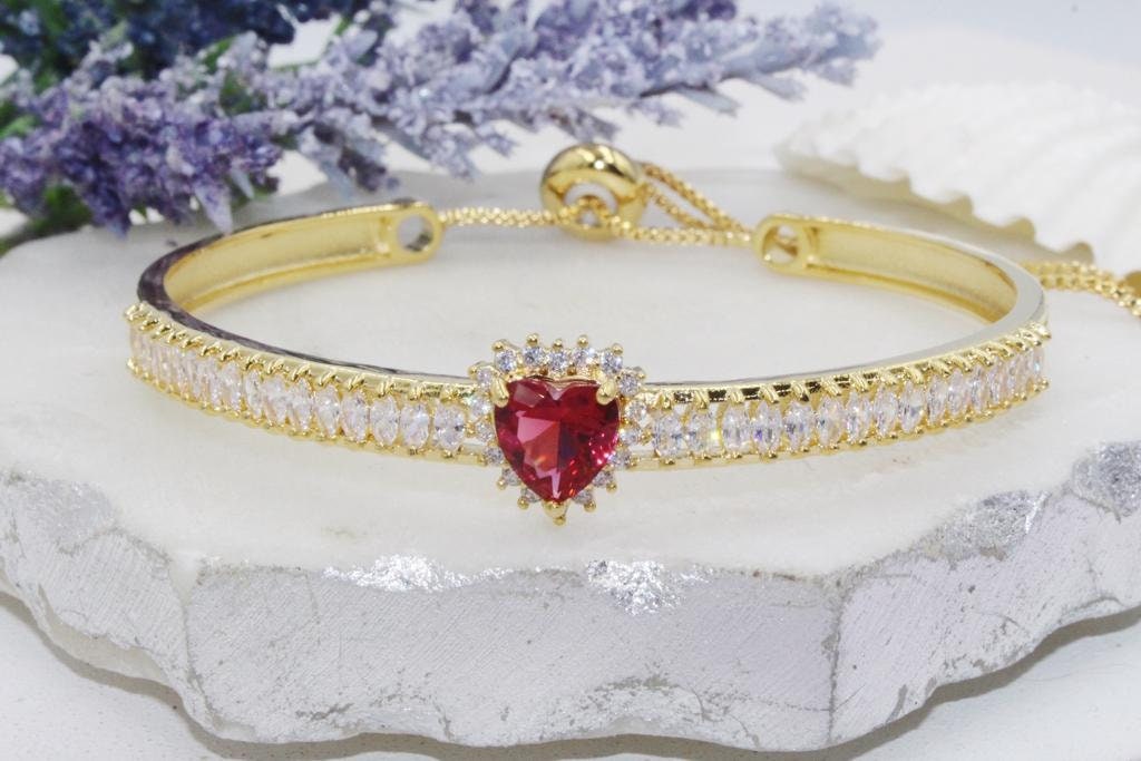 Cubic Zirconia Heart Adjustable Bangle Bracelet