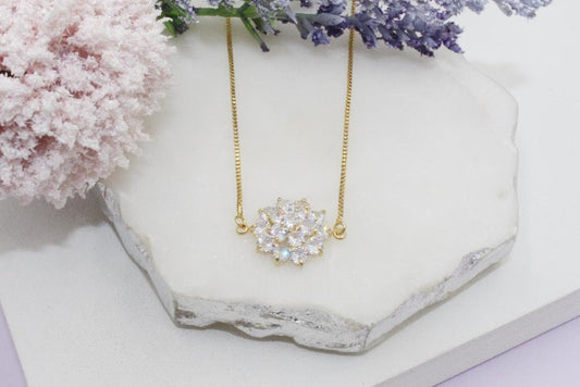 Clear Cubic Zirconia Flower Box Chain Necklace