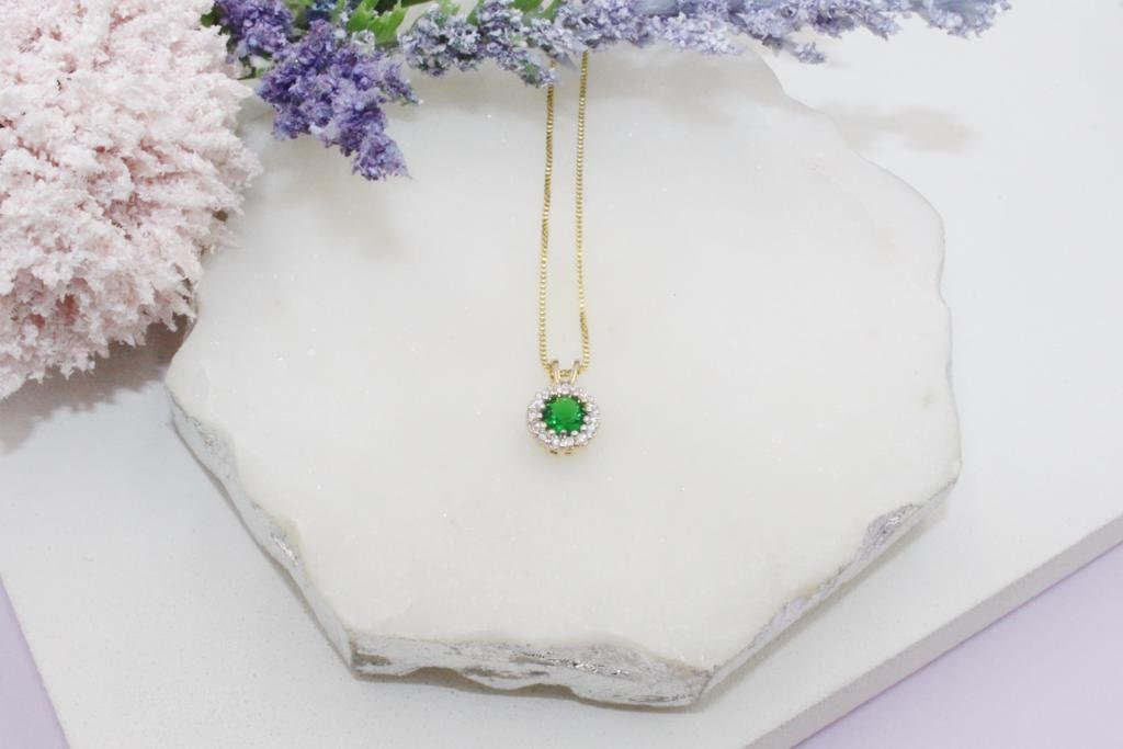 Green Stone with Clear Cubic Zirconia Necklace