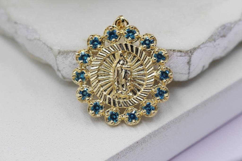 Our Lady of Guadalupe Blue Cubic Medallion Pendant