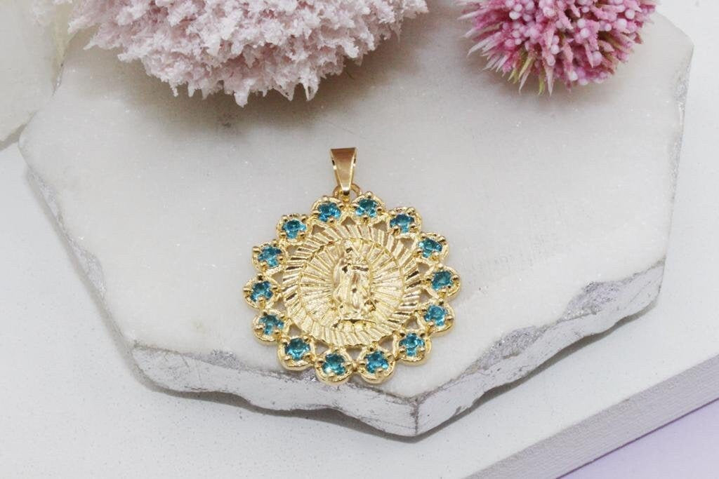 Our Lady of Guadalupe Blue Cubic Medallion Pendant