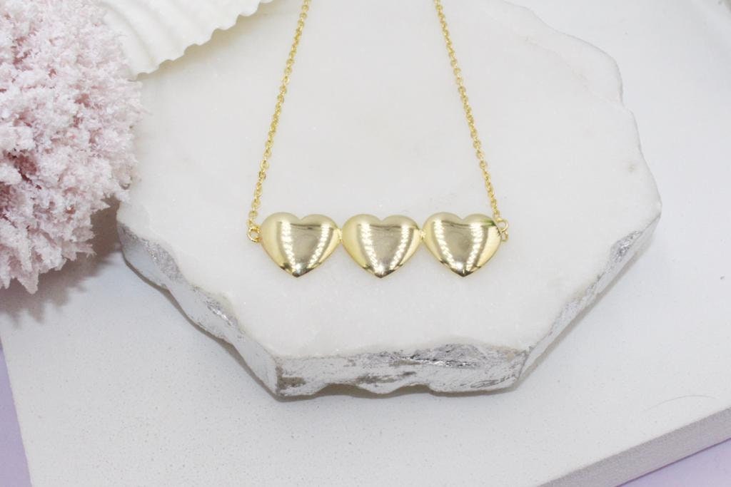 Triple Golden Hearts Rolo Chain Necklace