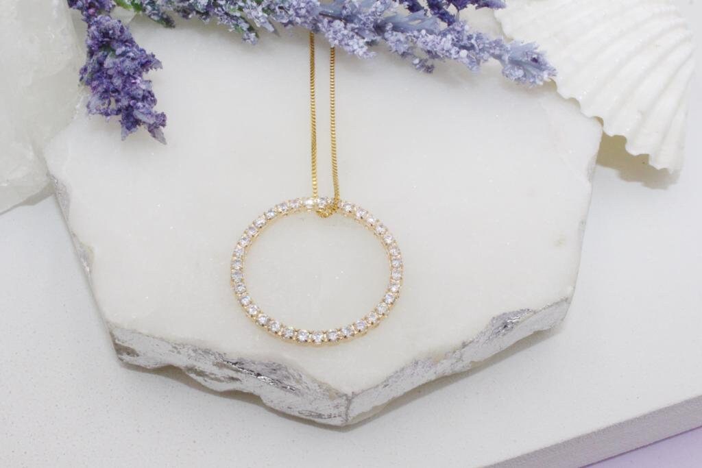 Cubic Zirconia Open Circle Box Chain Necklace