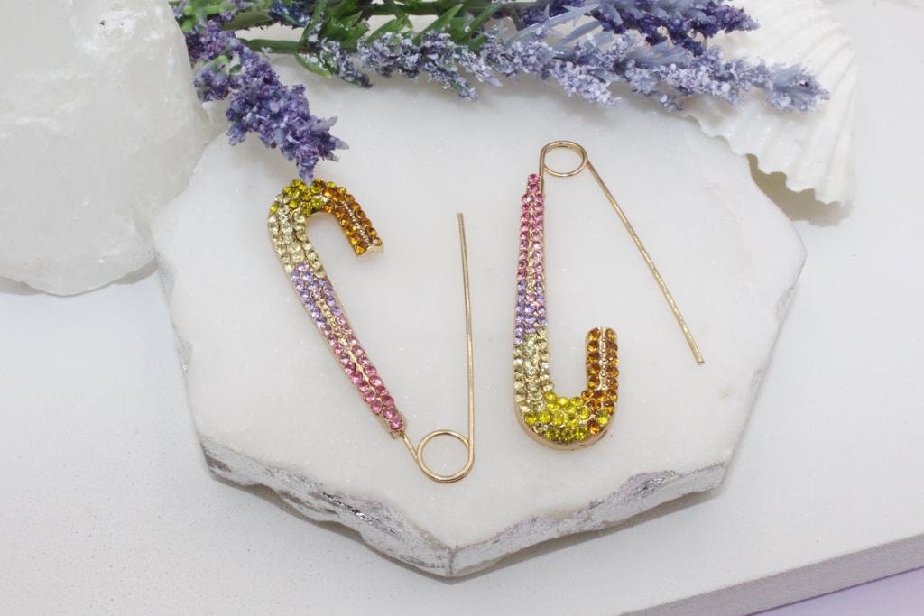 Colorful Cubic Zirconia Safety Pin Earrings