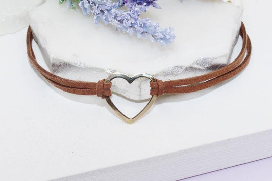 Heart Brown Suede Rope Choker