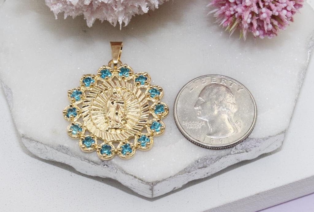 Our Lady of Guadalupe Blue Cubic Medallion Pendant