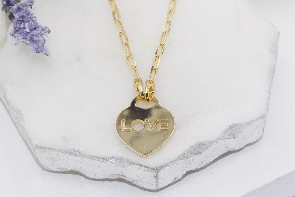 Love Heart Pendant PaperClip Chain Necklace