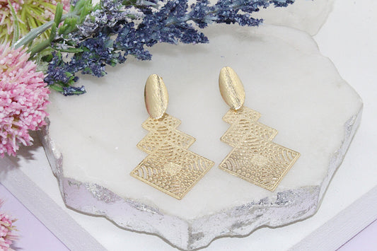 Triple Modern Filigree Diamond Shaped Drop Earrings