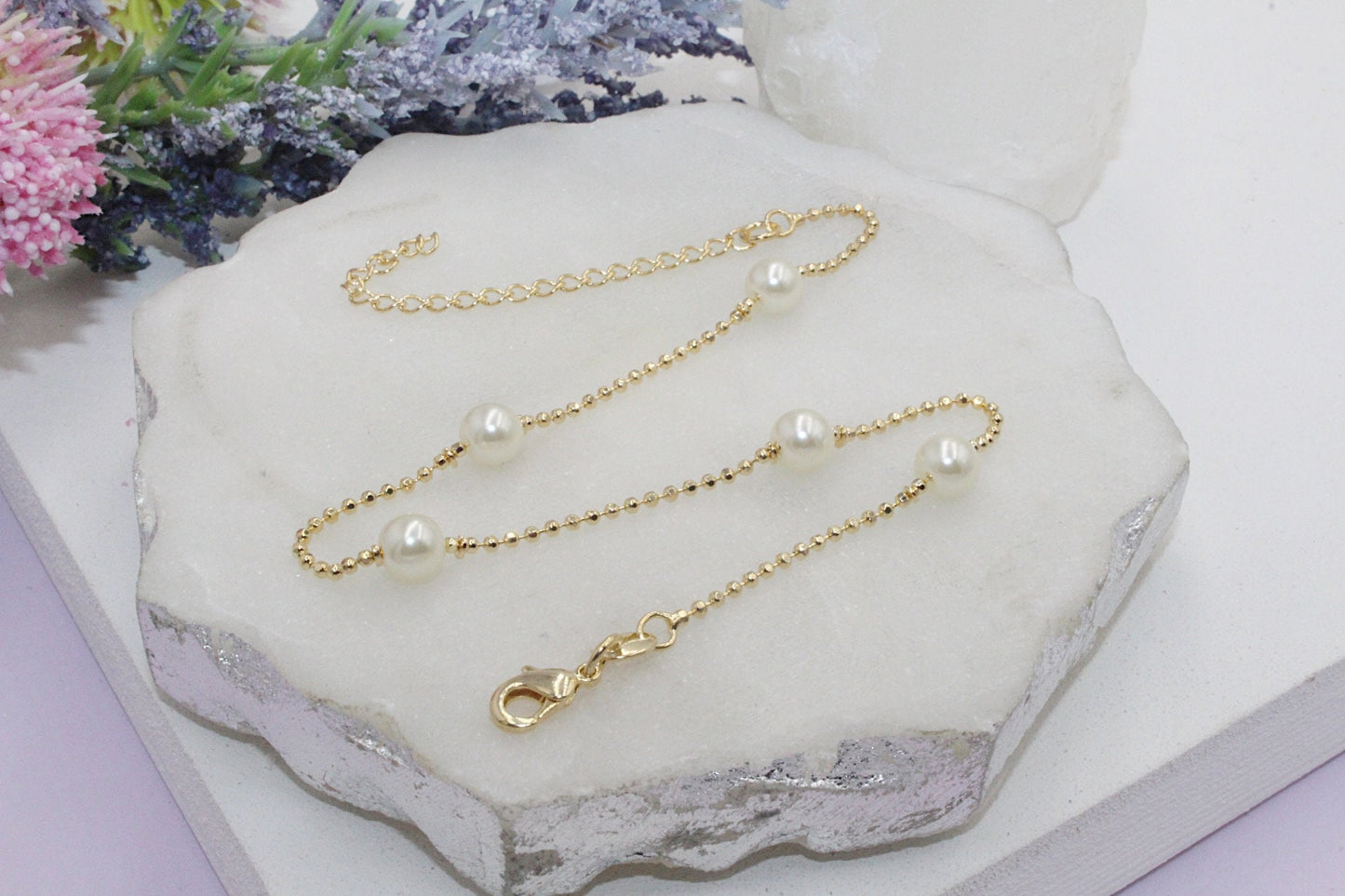 Faux Pearls Dainty Ball Chain Bracelet