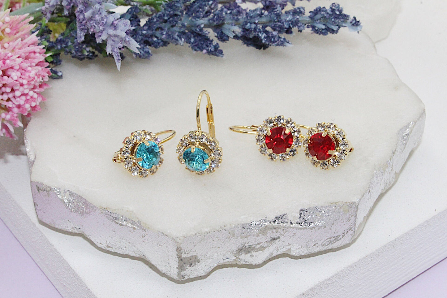 Dainty Baby Blue / Red Cubic Zirconia Latch Earrings