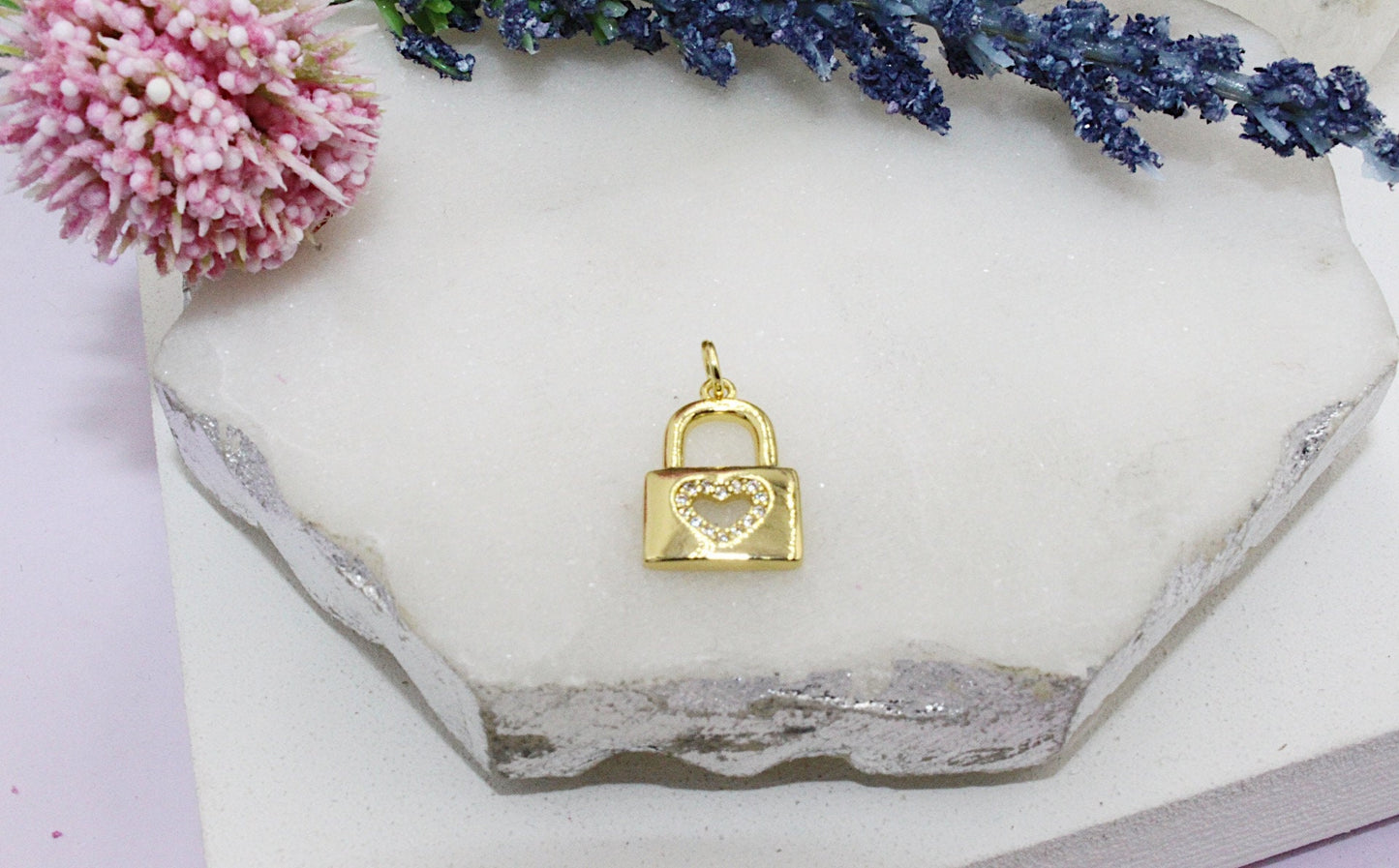 Gold Lock with Cubic Zirconia Heart Cut Out Pendant