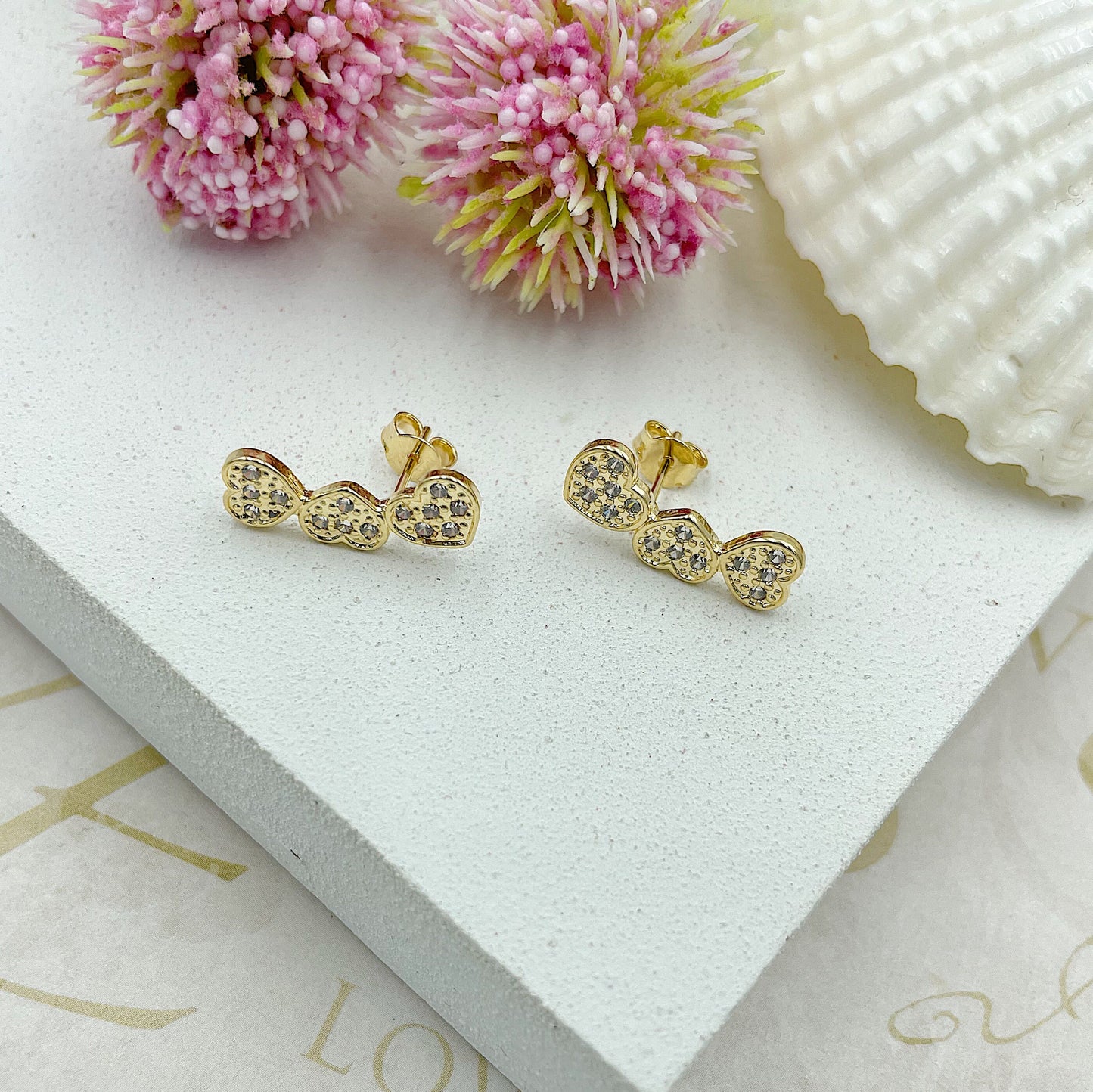 3 Hearts With Shiny Stones Stud Earrings