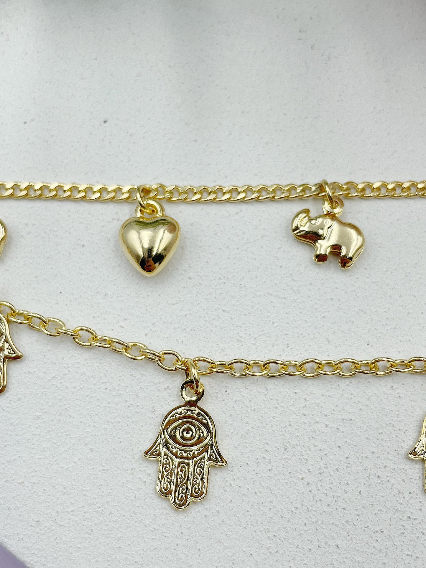 Double Chain With Heart, Elephants And Hamsa Pendants Bracelet