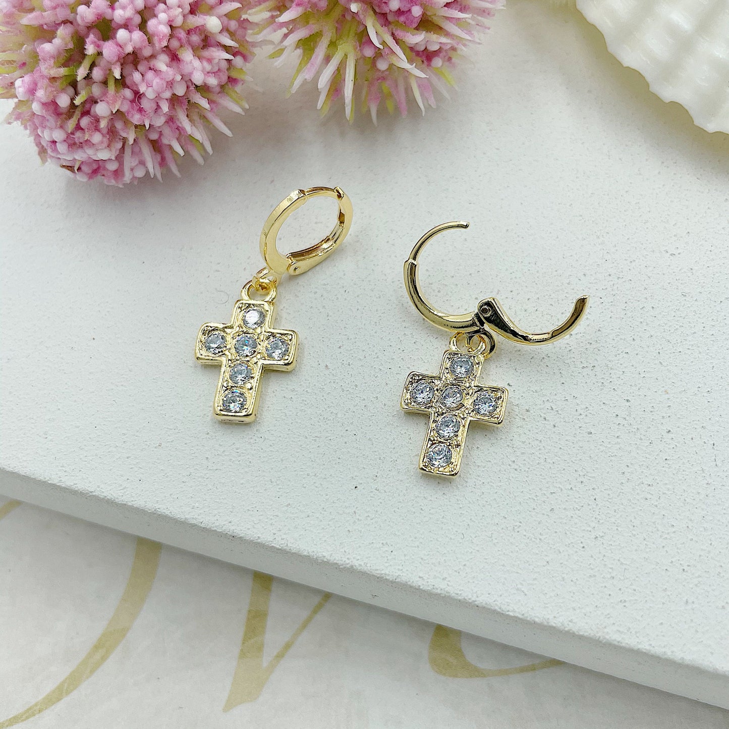 Zircon Cross Huggie Earrings