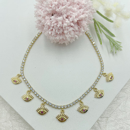 Glittering Stone Chain With 7 Greek Eyes With Pink Stone Choker