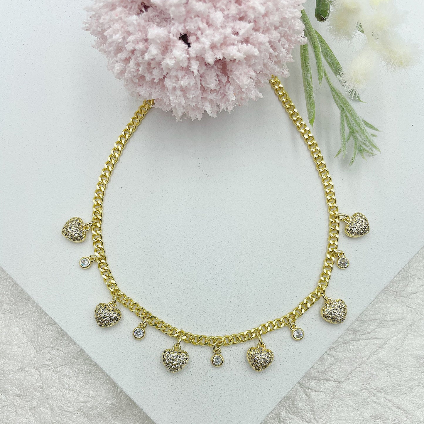 Hearts And Glittering Stones Hanging Necklace