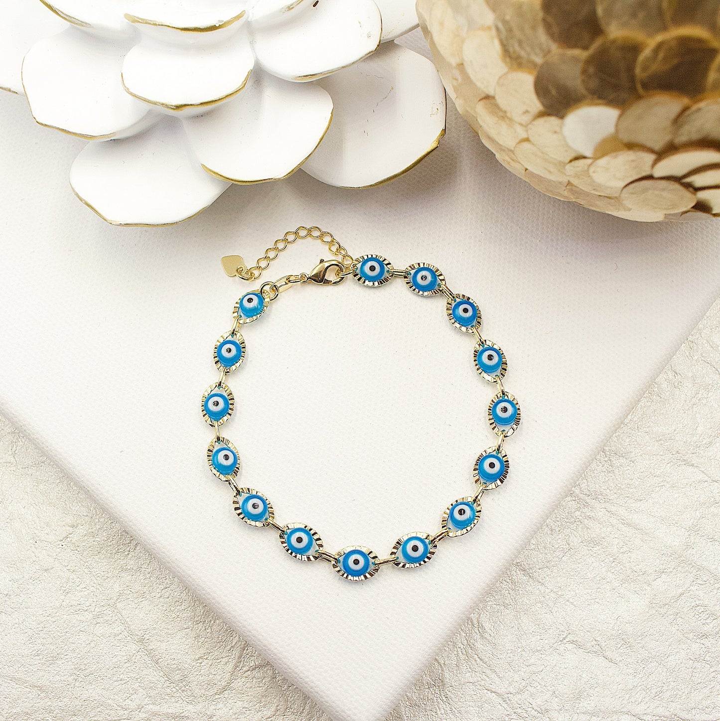 Greek Eyes Blue Between Golden Link Bracelet