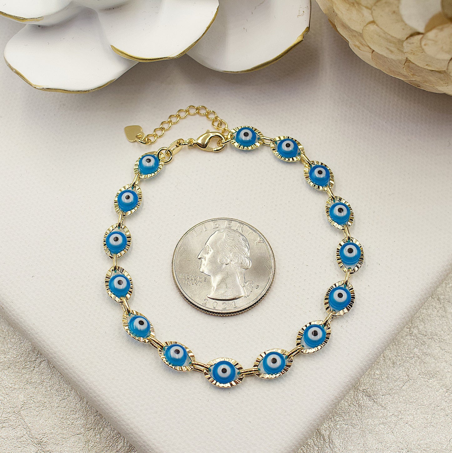 Greek Eyes Blue Between Golden Link Bracelet