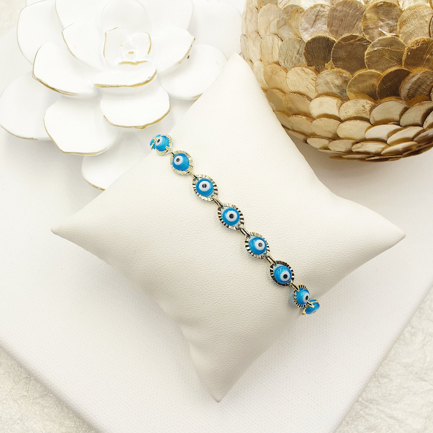 Greek Eyes Blue Between Golden Link Bracelet