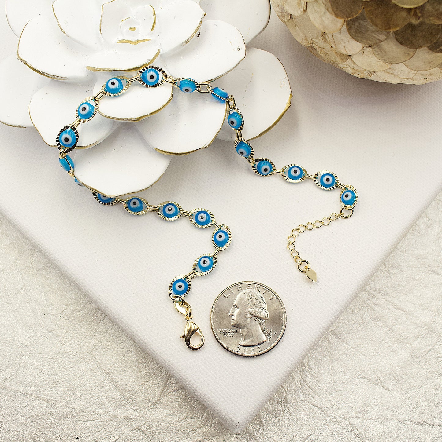 Greek Eyes Blue Between Golden Link Anklet