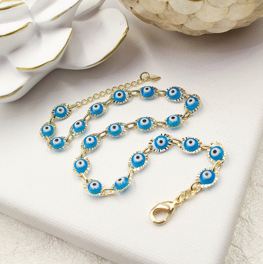 Greek Eyes Blue Between Golden Link Anklet