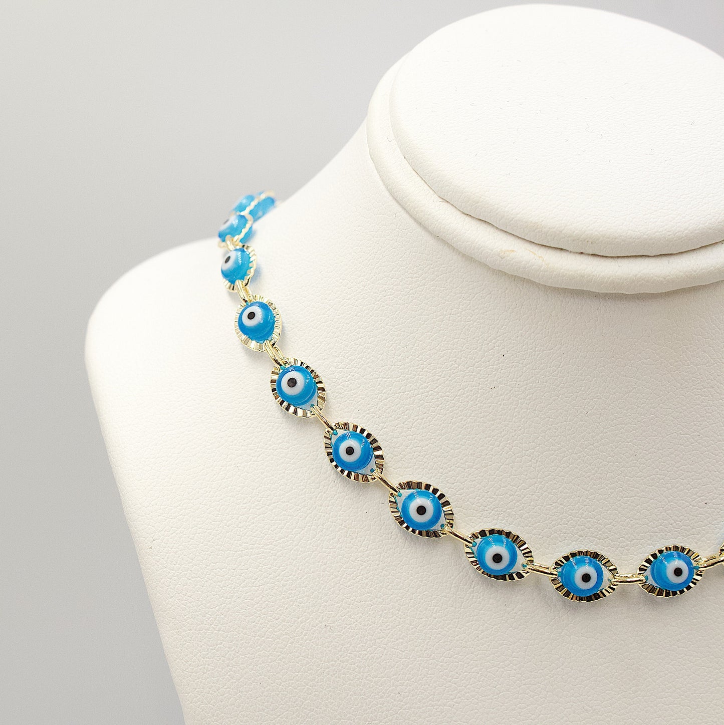 Greek Eyes Blue Between Golden Link Necklace