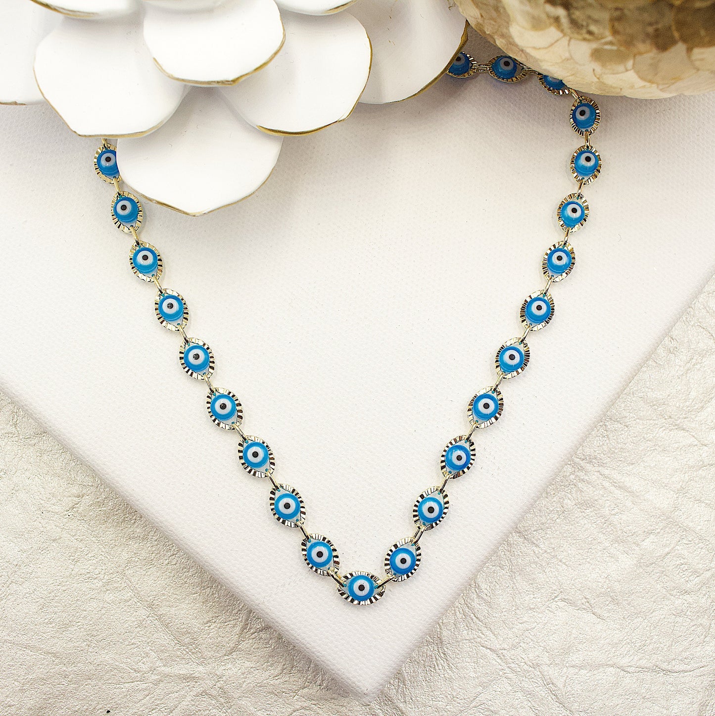 Greek Eyes Blue Between Golden Link Necklace