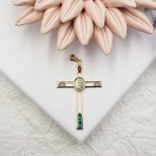 Cross With Santa Guadalupe In The Center With Colored Stones Pendant