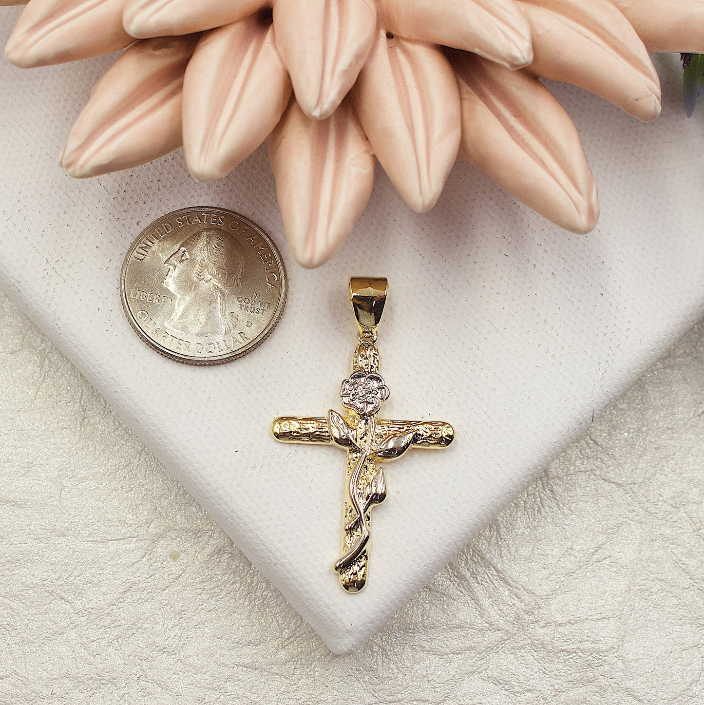 Two Tone SIlver Rose On The Golden Cross Pendant