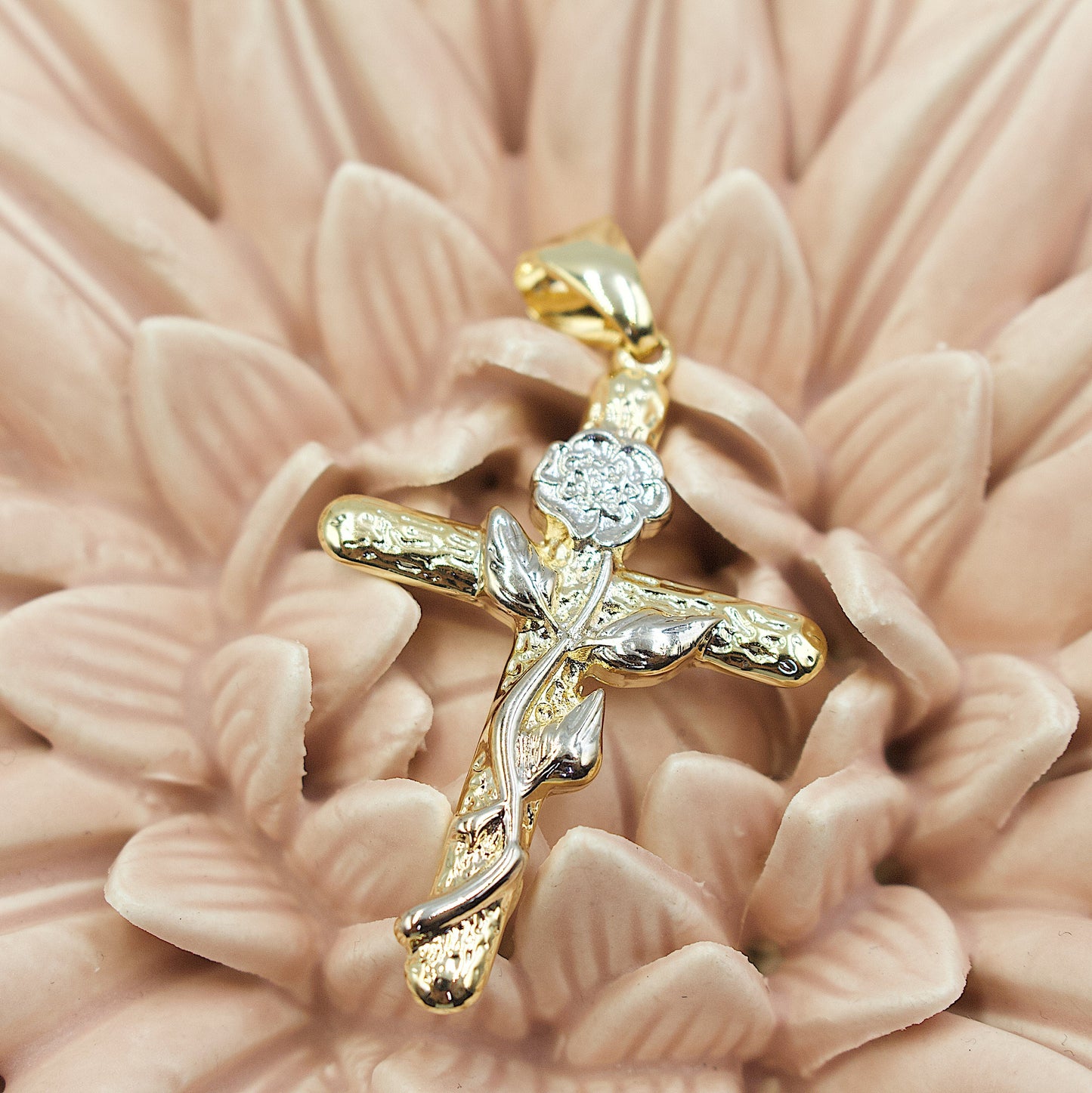 Two Tone SIlver Rose On The Golden Cross Pendant