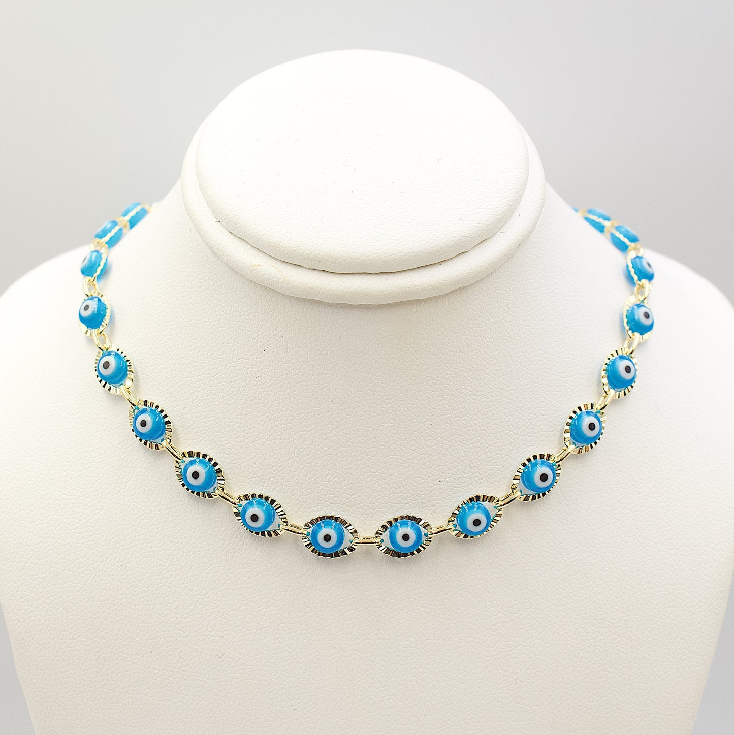 Greek Eyes Blue Between Golden Link Necklace