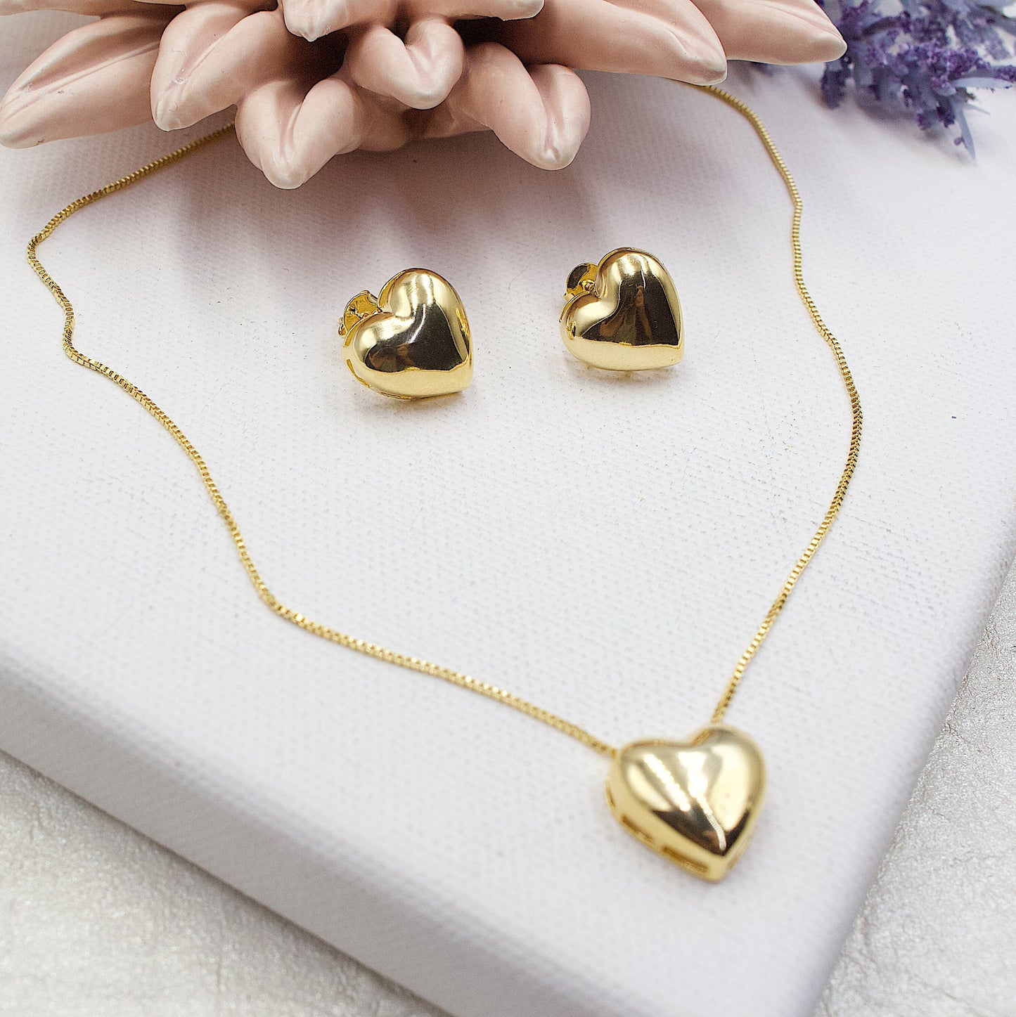 Gold Layered Box Chain Heart Set