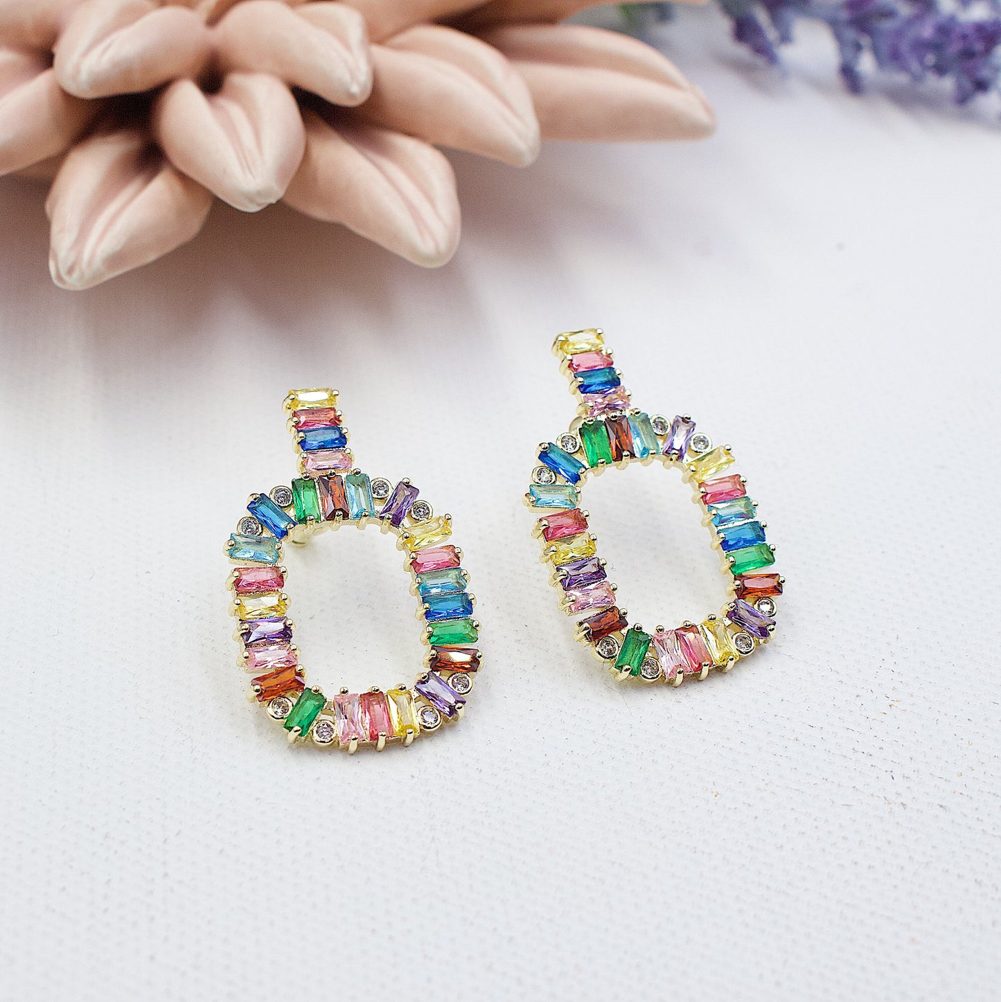 Colored Stones With Light Point Stud Earrings