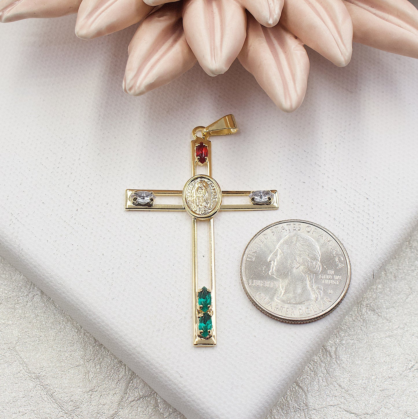 Cross With Santa Guadalupe In The Center With Colored Stones Pendant