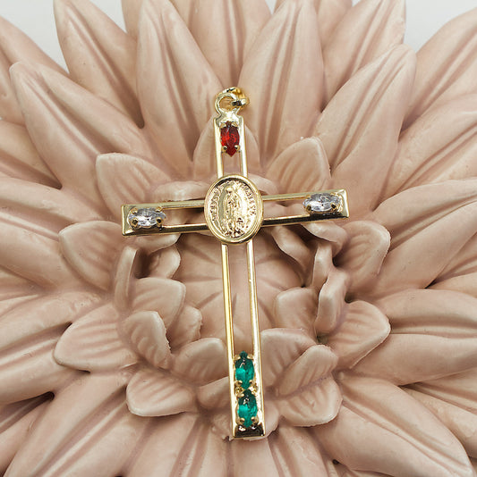 Cross With Santa Guadalupe In The Center With Colored Stones Pendant