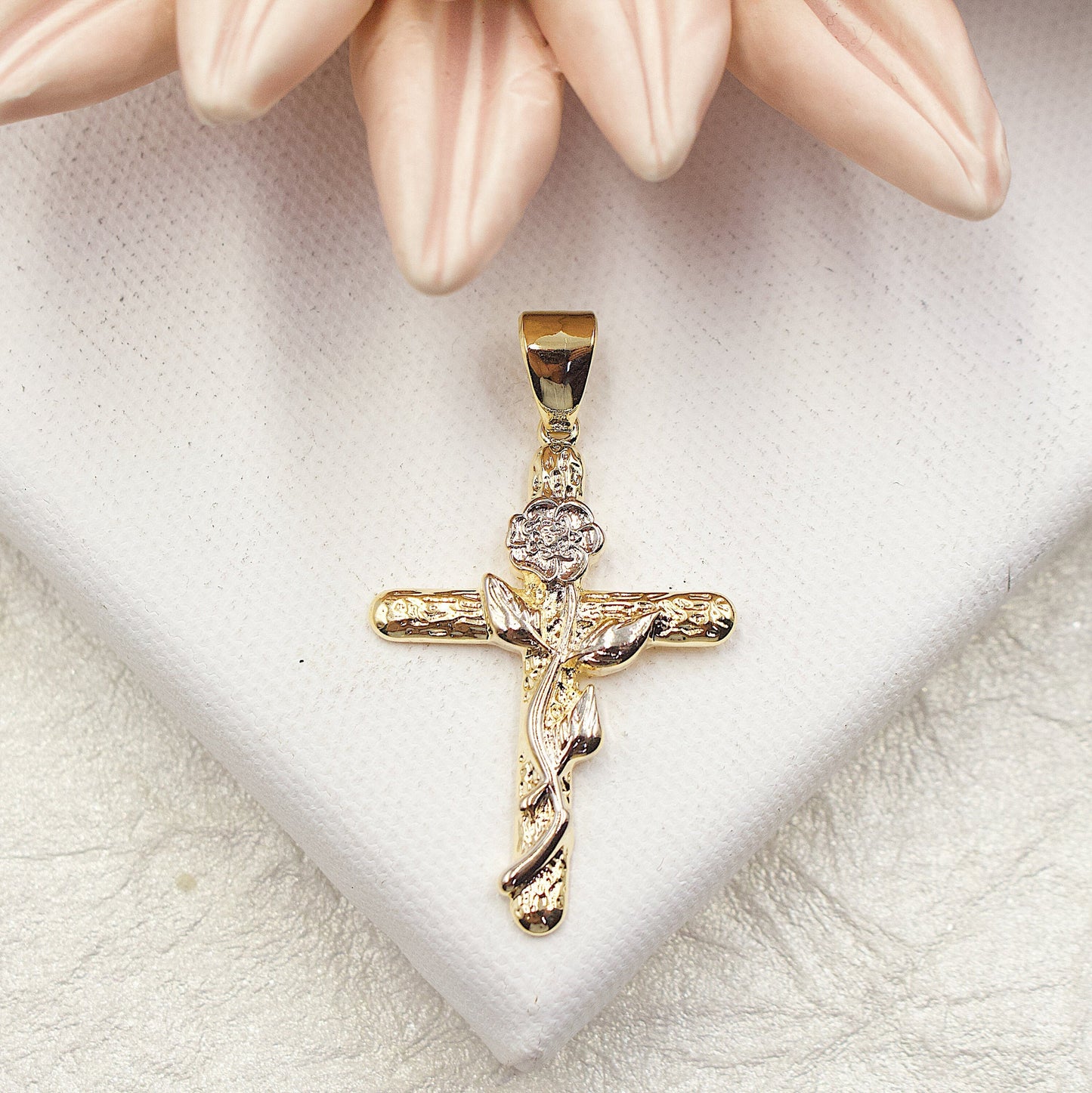 Two Tone SIlver Rose On The Golden Cross Pendant