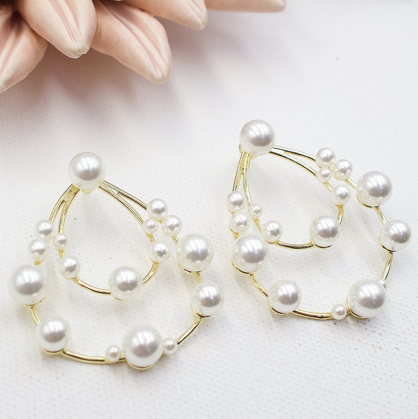 Drop Shape With Pearls - 2 in 1 Stud Earrings