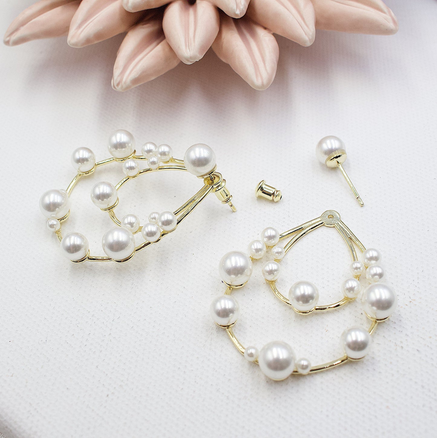 Drop Shape With Pearls - 2 in 1 Stud Earrings