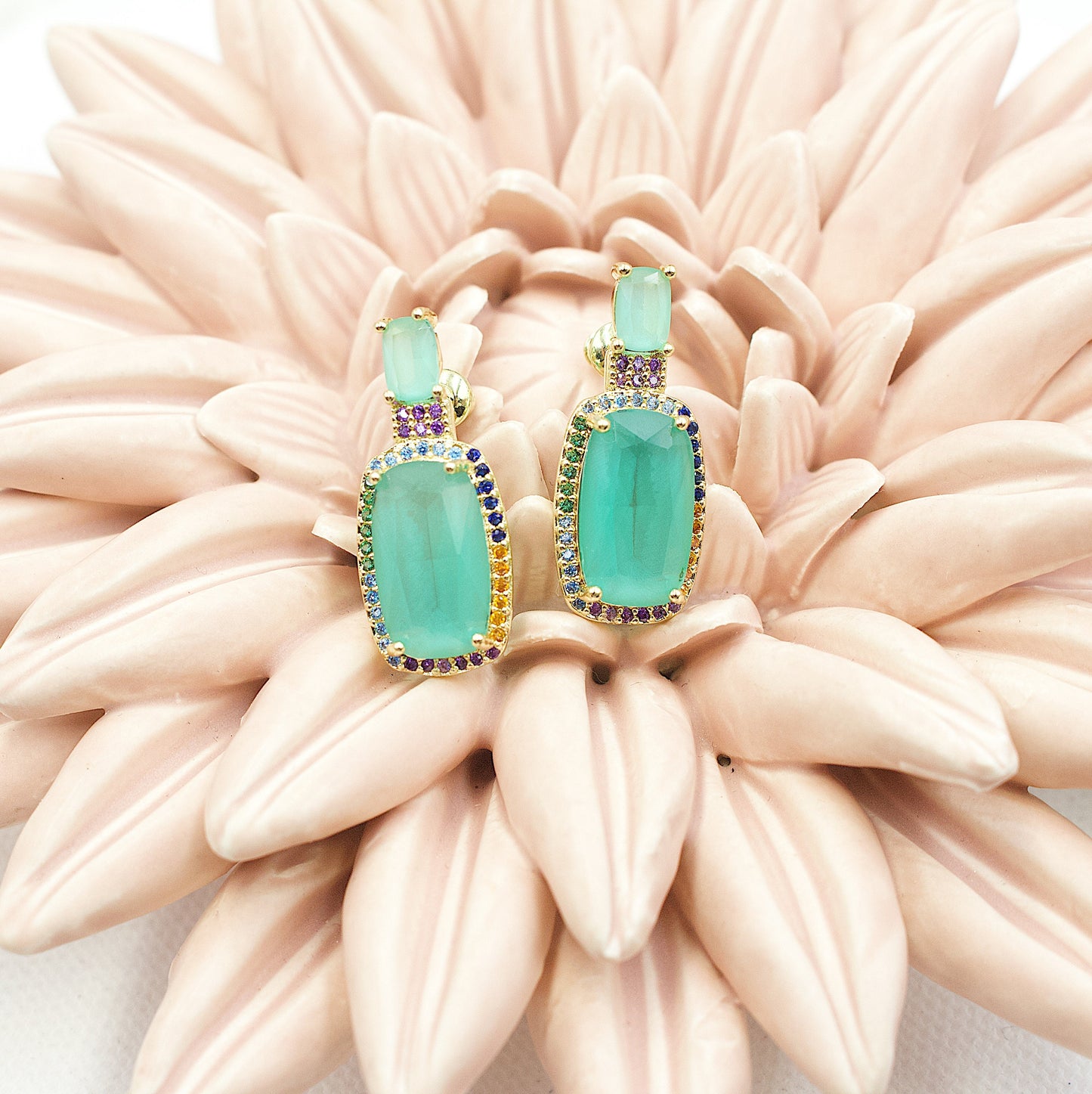 Turquoise Stone With Colored Rhinestones Around Stud Earrings