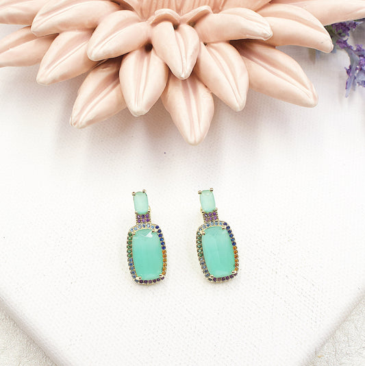 Turquoise Stone With Colored Rhinestones Around Stud Earrings