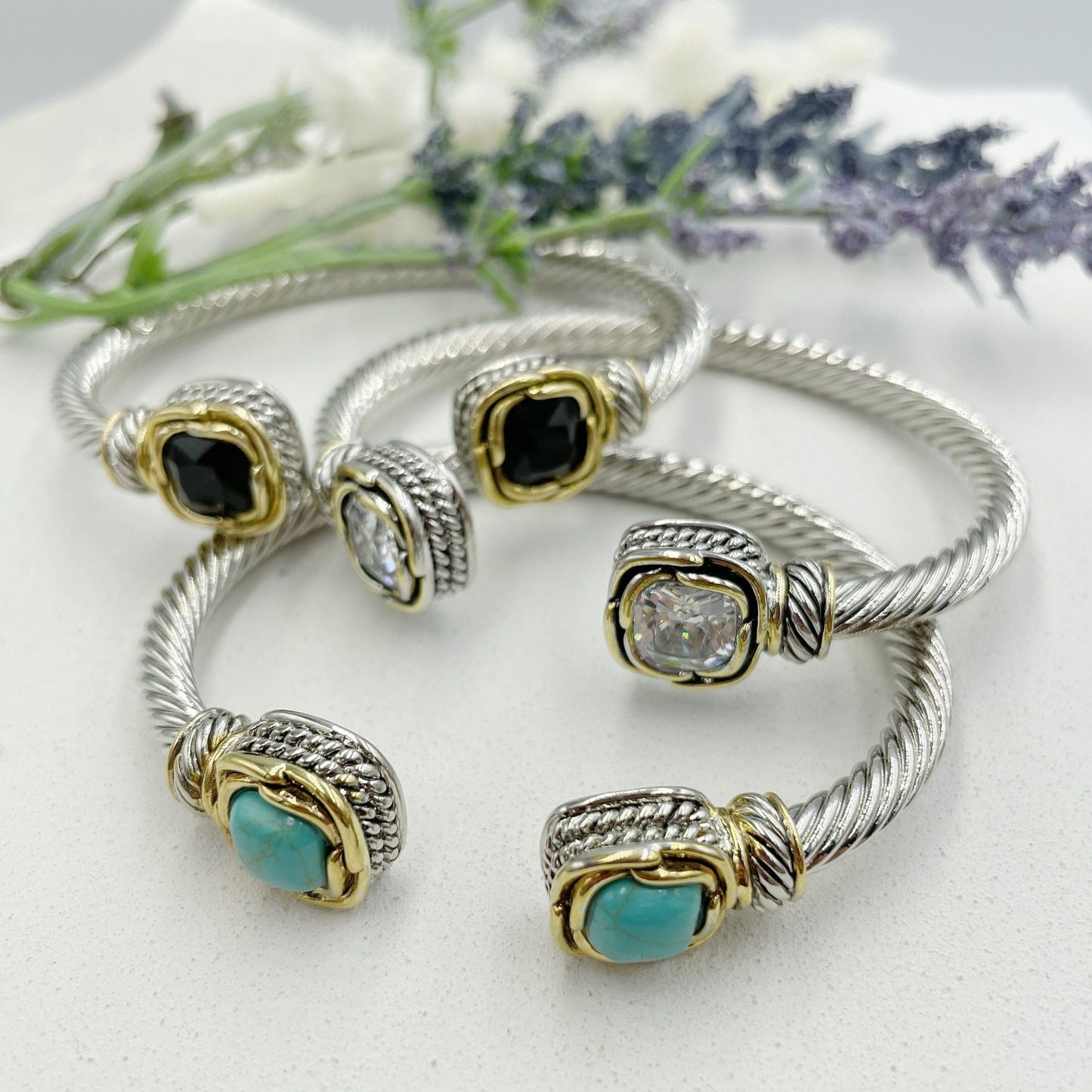 Twisted Open With Color Stones At the Ends Bracelet