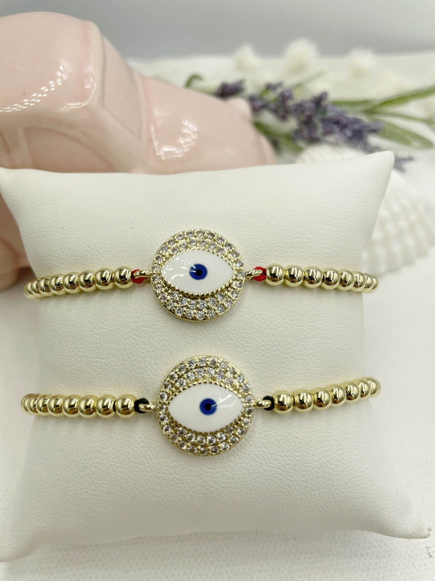 Cubic Zirconia White Greek Eye Pendant Beaded Bracelet