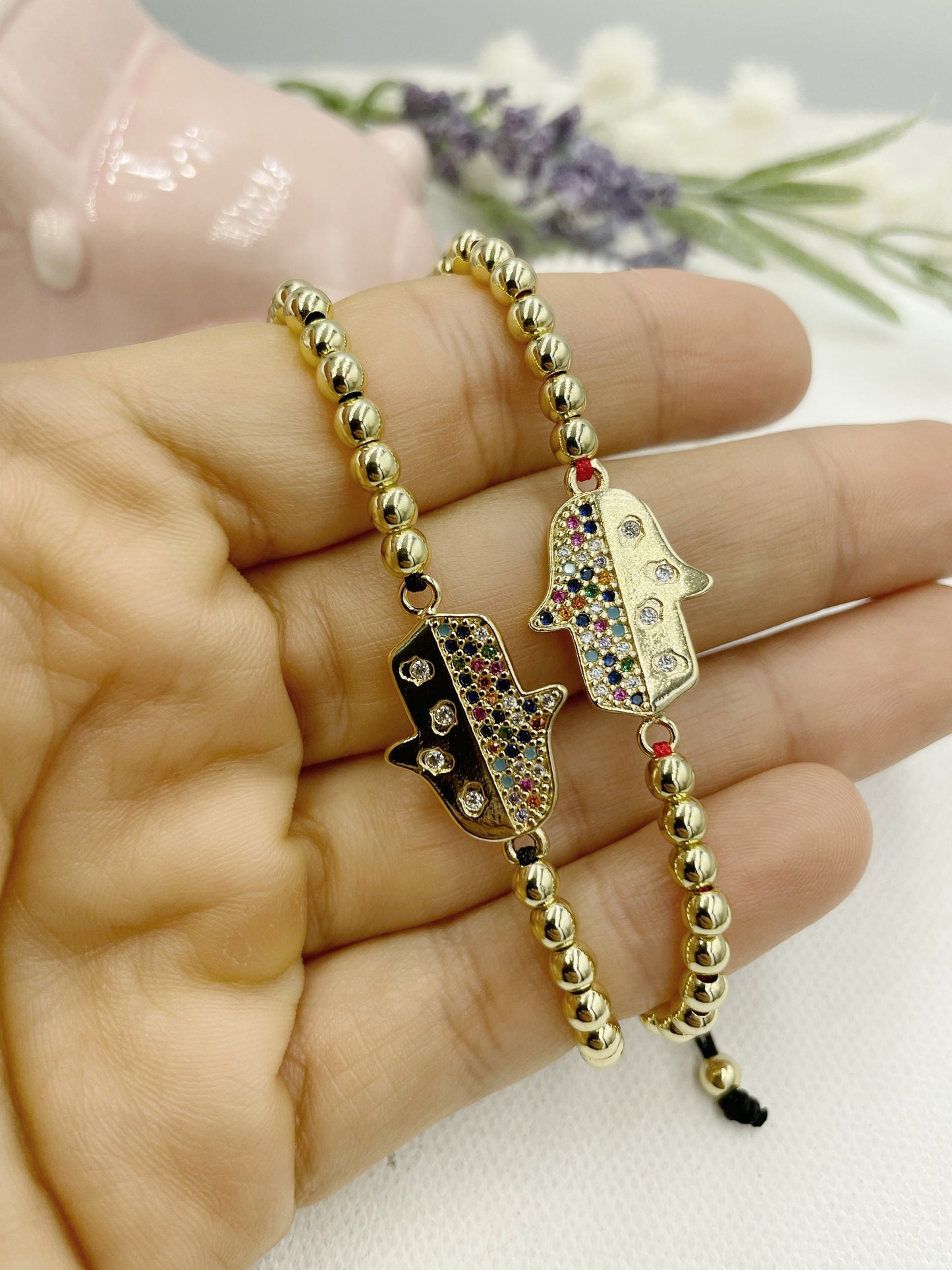 Beaded w Colorful Cubic Zirconia Hamsa Hand Bracelet