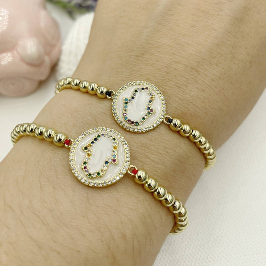 Zirconia Mother of Pearl Hamsa Hand Beaded Bracelet