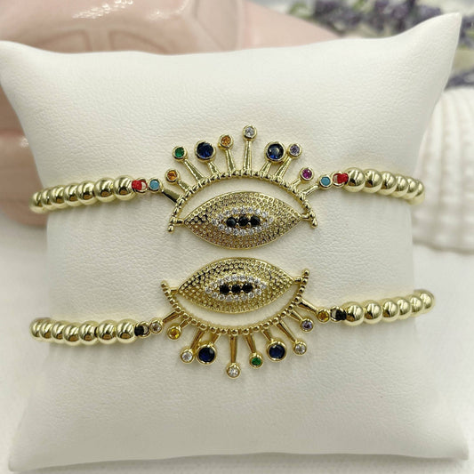 Beaded w Colorful Greek Eye Pendant Bracelet