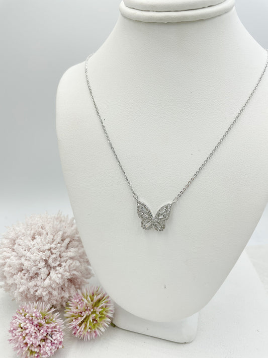 Baguette Cubic Zirconia Detail Butterfly Necklace