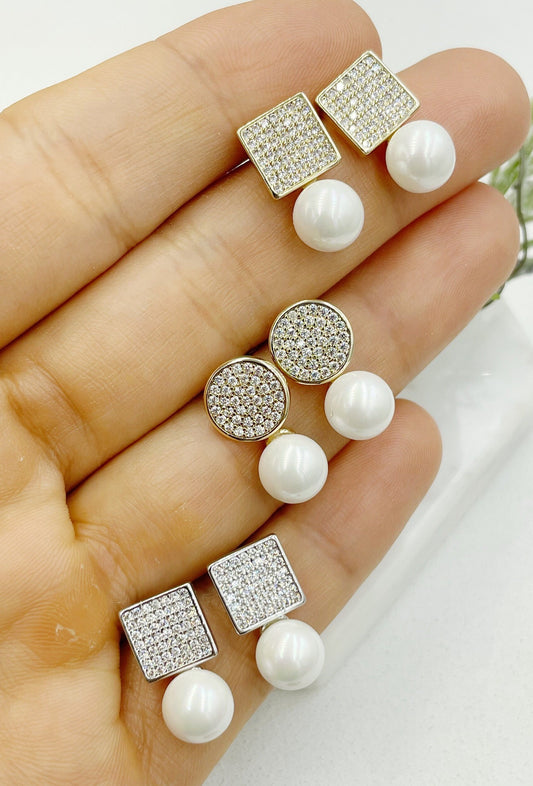 Square or Circle Design with Pearl Earrings