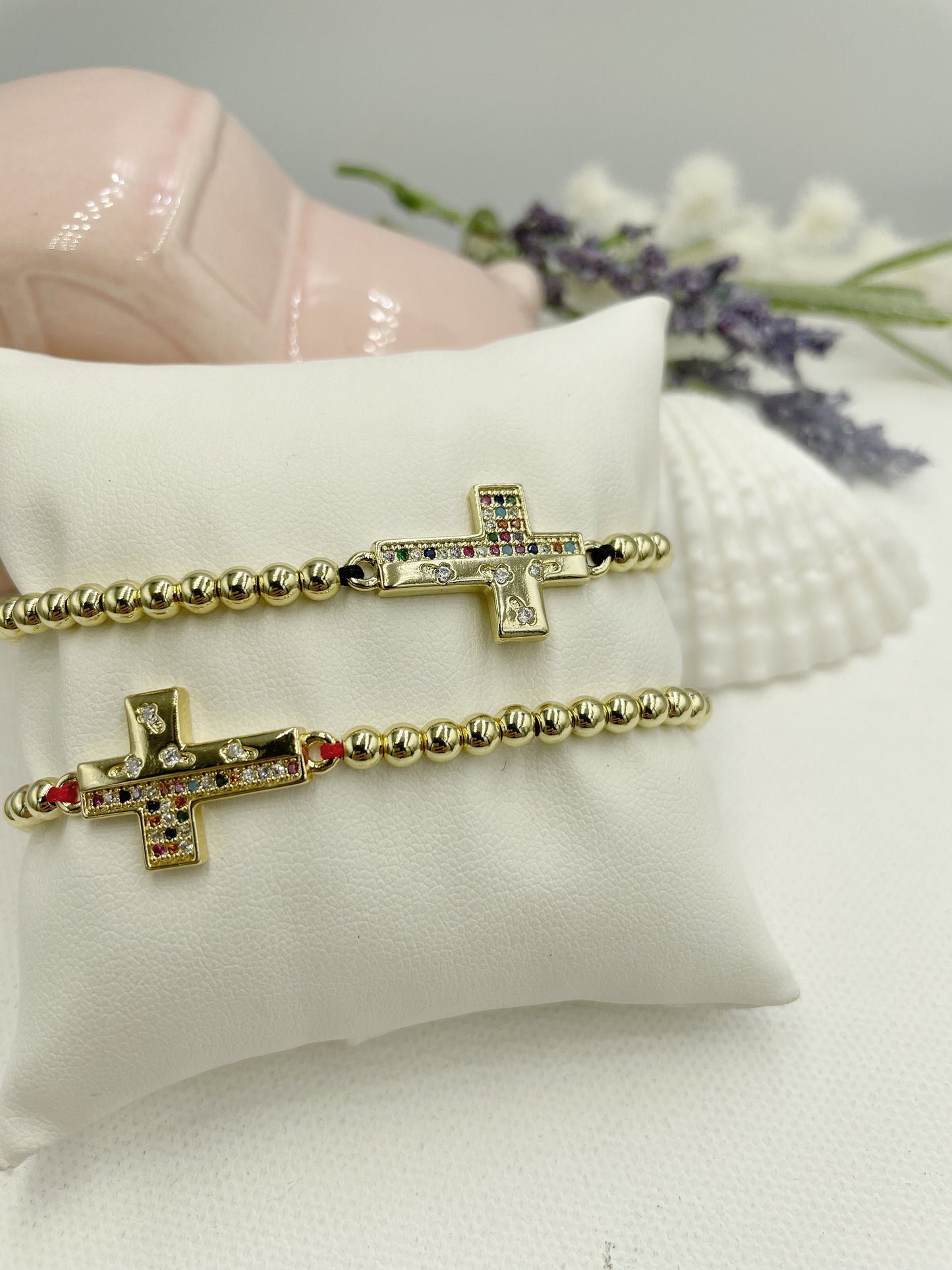 Beaded with Cubic Zirconia Cross Pendant Bracelet