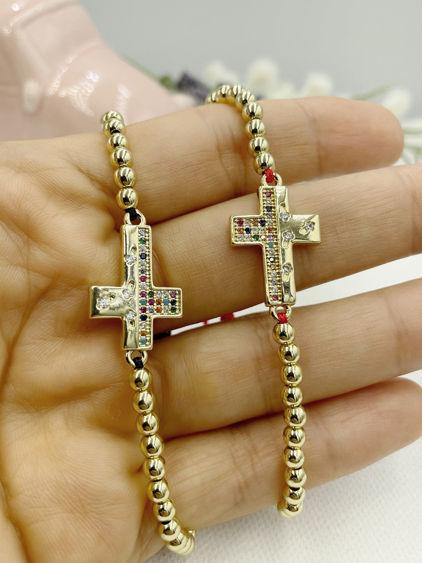 Beaded with Cubic Zirconia Cross Pendant Bracelet